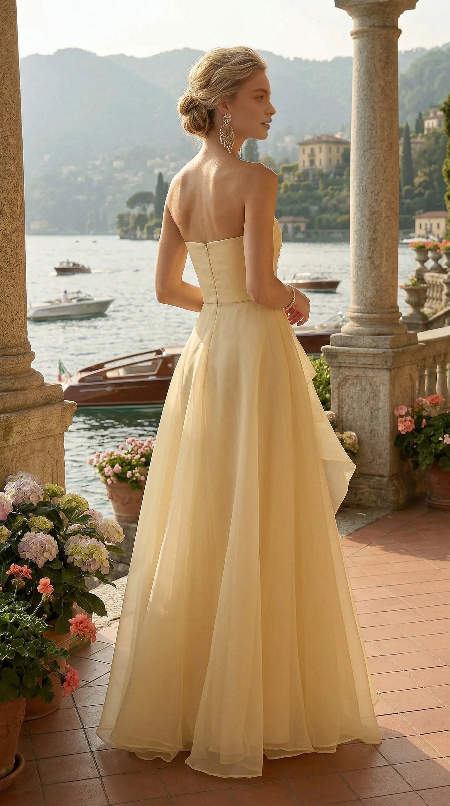 Pale yellow floor-length wedding guest dress with strapless zipper back
